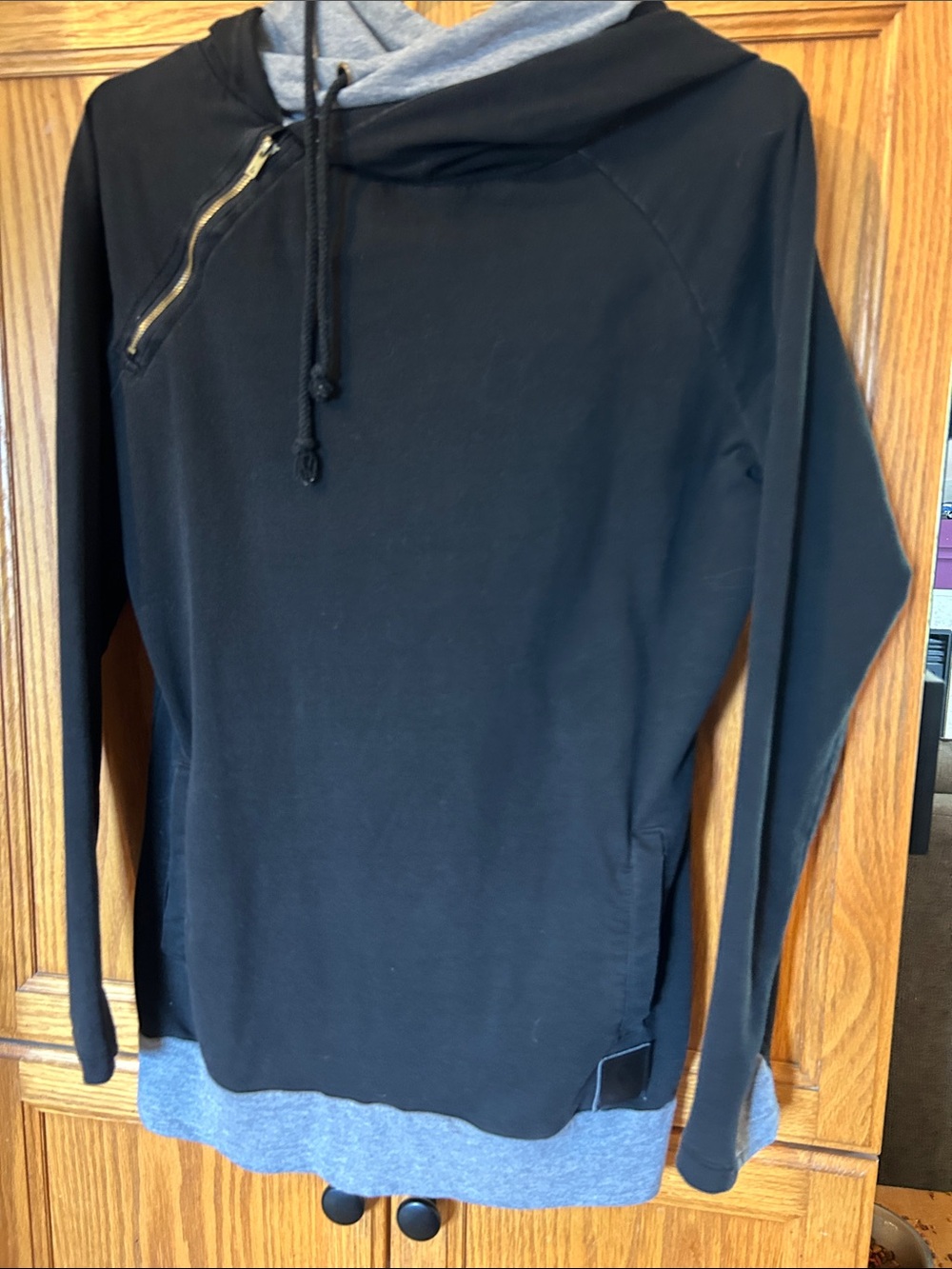 AMPERSAND AVE Black Hoodie with Gray Layered Hem